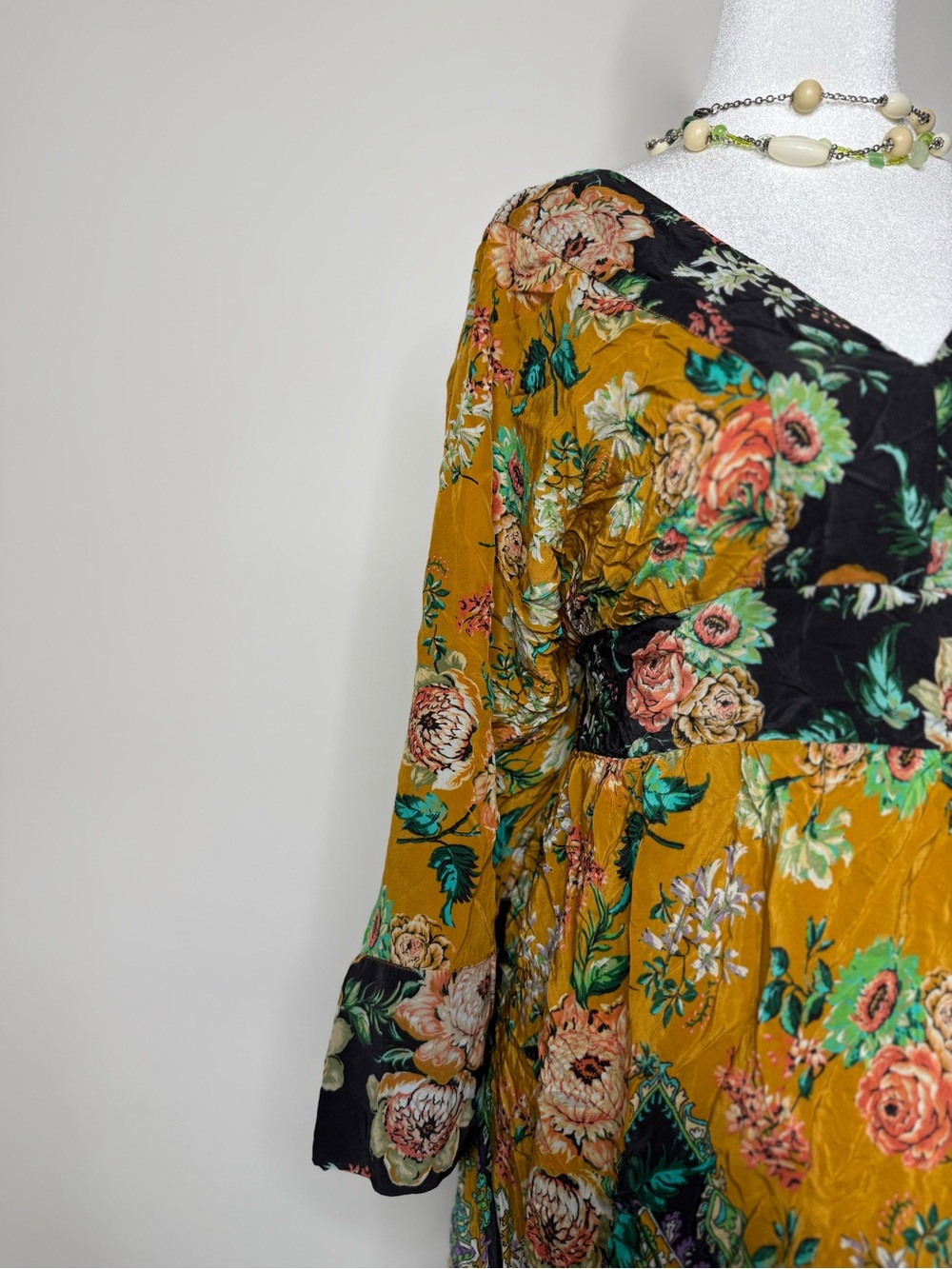 Anthropologie Mustard and Green Floral V-Neck Maxi Dress - Picture 11 of 13